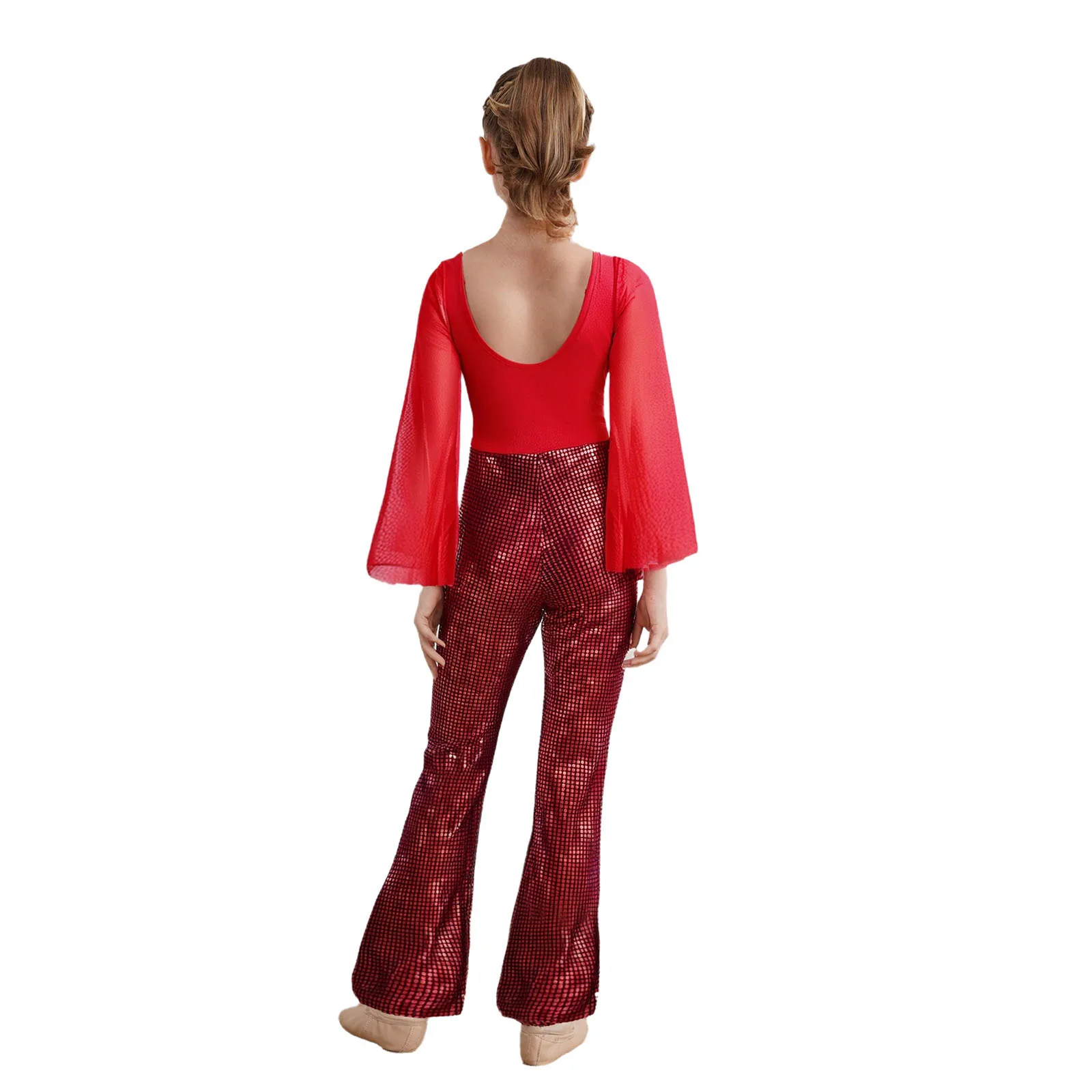 Girls Modern Jazz Dance Bodysuit Long Flared Sleeves Metallic Plaid Bell-Bottom Jumpsuit Ballet Gymnastics Performance Costume