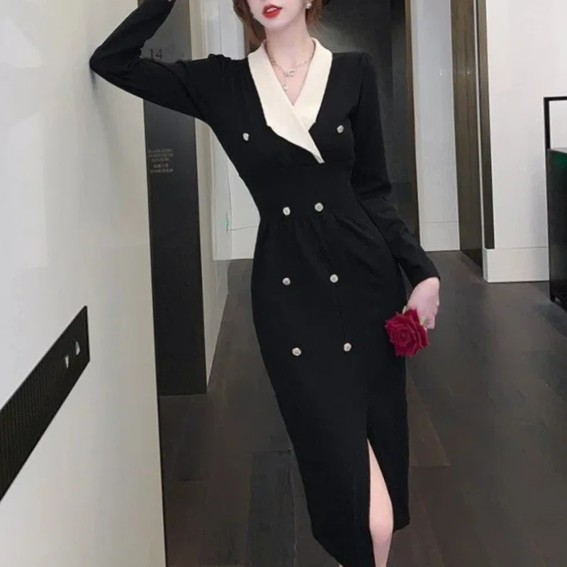 Temperamen Fashion Sping Autumn Dresses Women Solid V-Neck Corset Split Button Chic Long Sleeve Slim Loog A-line Knitted Dress