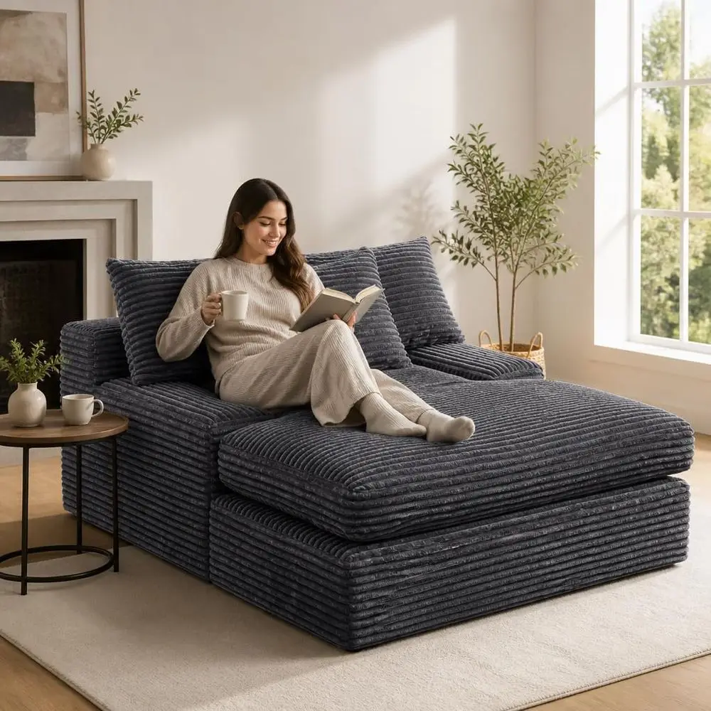 

Oversized 69 Chaise Lounge Chair, Corduroy Deep Seat Sofa Bed with 3 Pillows, Indoor Reading Chair, Living Room Furniture (K Gre
