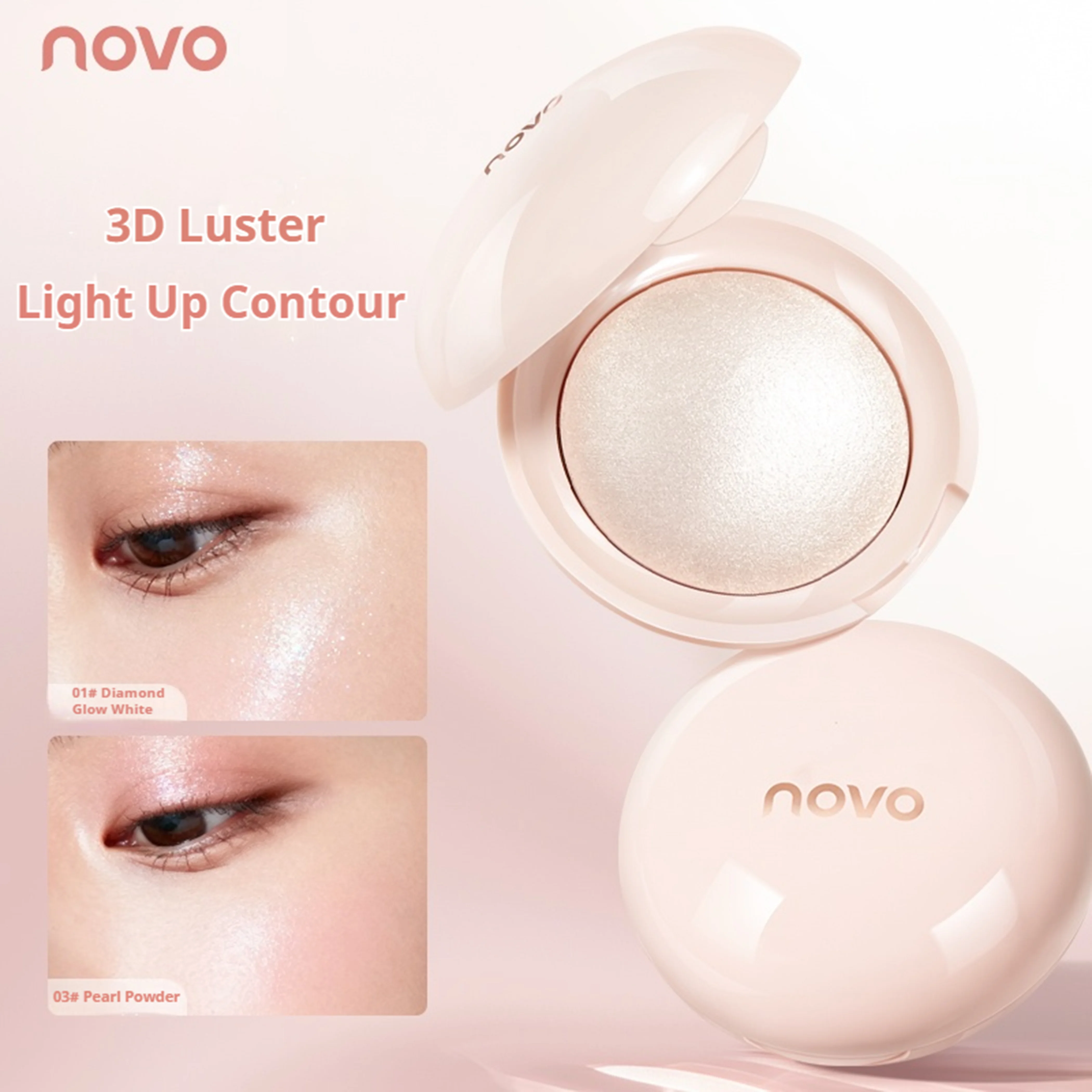 NOVO Fine shimmer highlighter powder Delivers a delicate, skin-hugging glow Instantly brightens with an intense, dazzling effect
