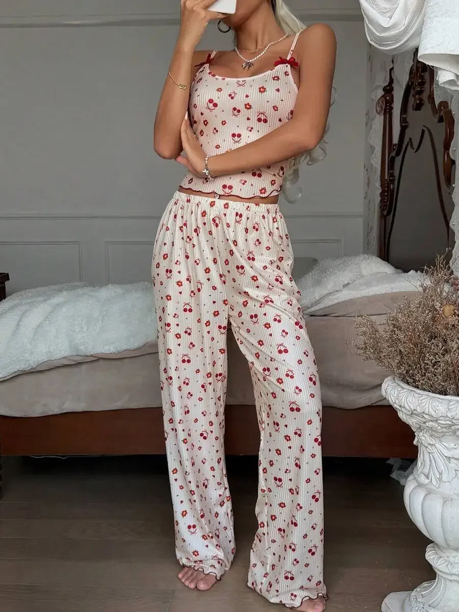 

Womens Cherry Print Bow Camisole And Wide Leg Pajama Set