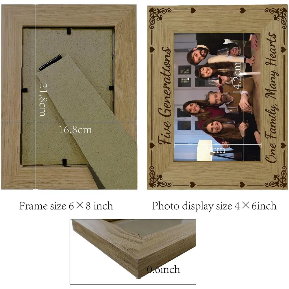 Five Generations Picture Frame Wood Photo Frames Engraved Display Tabletop Postcard Frame for Hanging Wall Mother's Day