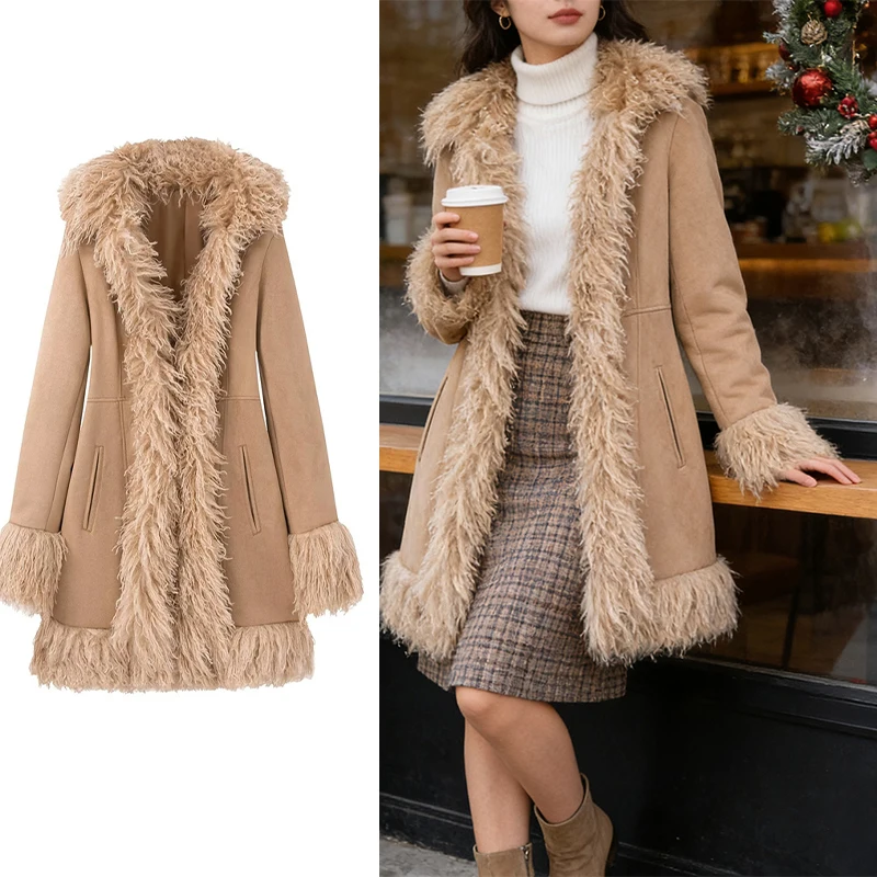 

Women's Beige Faux Suede Coat with Fuzzy Fur Trim, Mid-Length Lapel Collar Warm Winter Outerwear