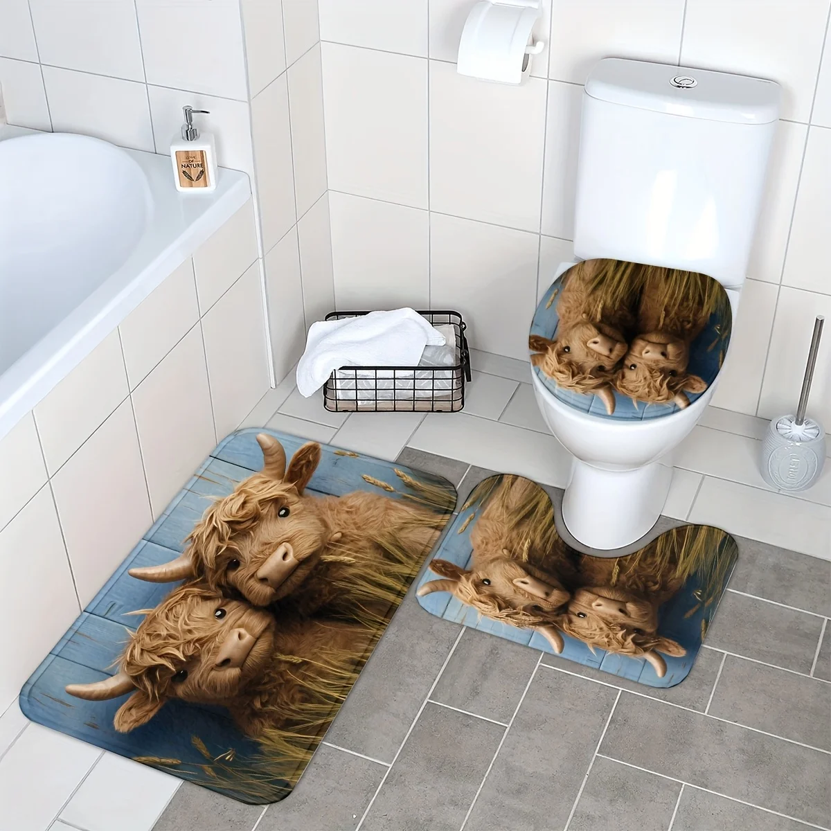

3pcs Spring Festival Highland Cow Wood Grain Bathroom Set Non-slip Mat Toilet Carpet Bathroom U-Shaped Mat Toilet Seat Cover