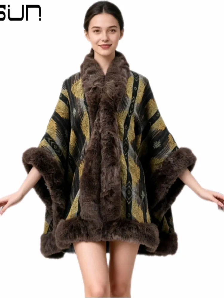 

Модный вязаный свитер с воротником из искусственного кролика рекса и разрезом, женская накидка-шаль, зимнее теплое элегантное женское пальто-накидка 2025