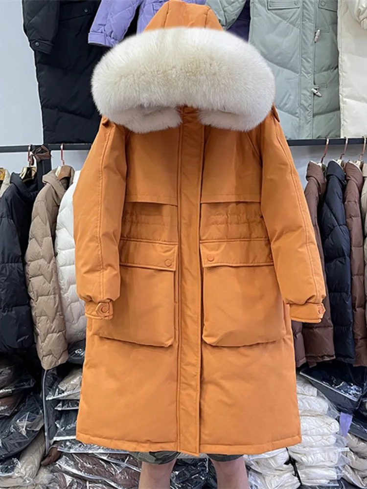 Large Natural Raccoon Fur Hooded Long Down Coat Women Winter 90% Duck Down Parkas Female Thickness Sash Tie Up Jackets