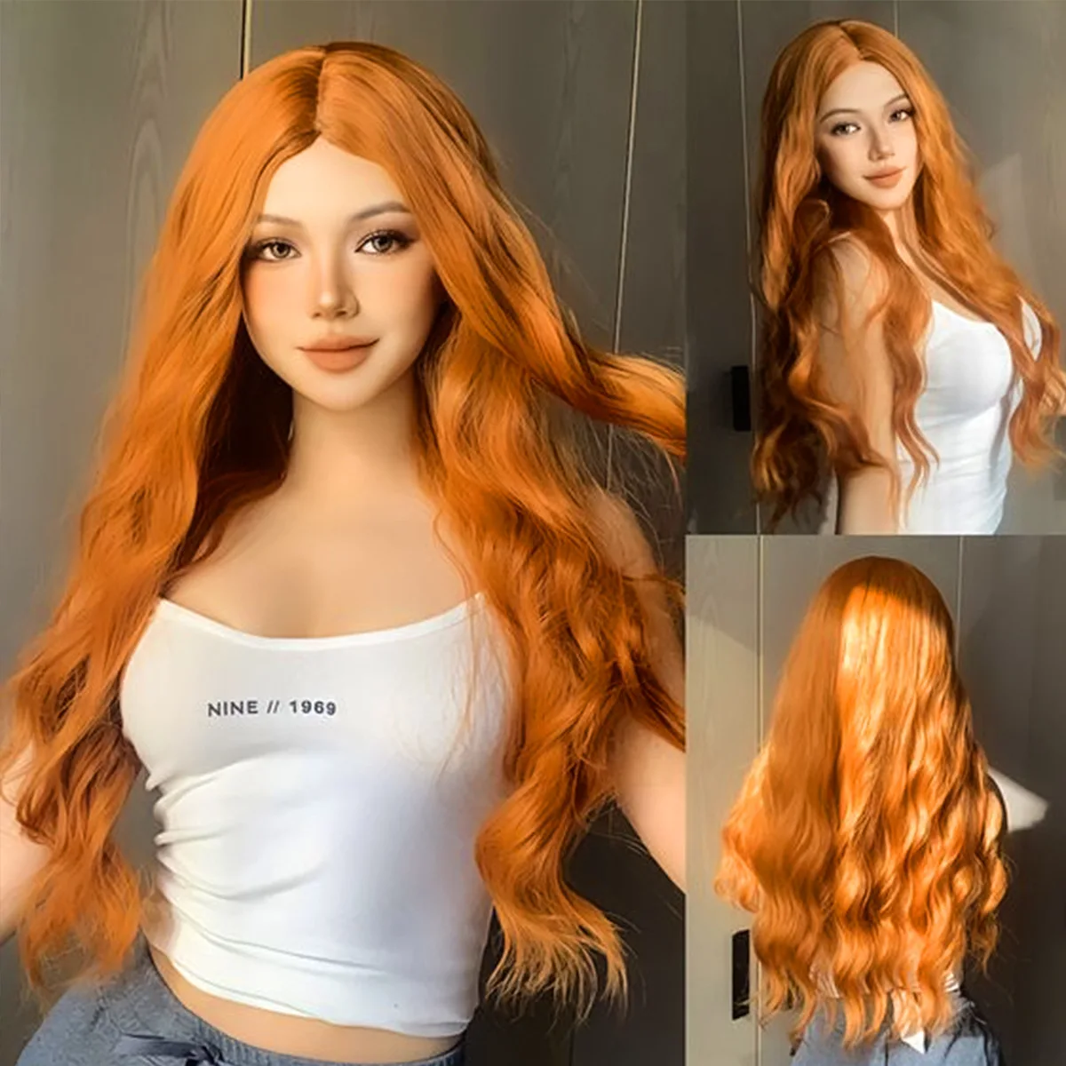 

Long Wavy Wig Body Deep 4x4 Lace Front Wigs for Women 28 Inch Middle Part Synthetic Orange Burg Ombre Pink Cosplay Party Wigs