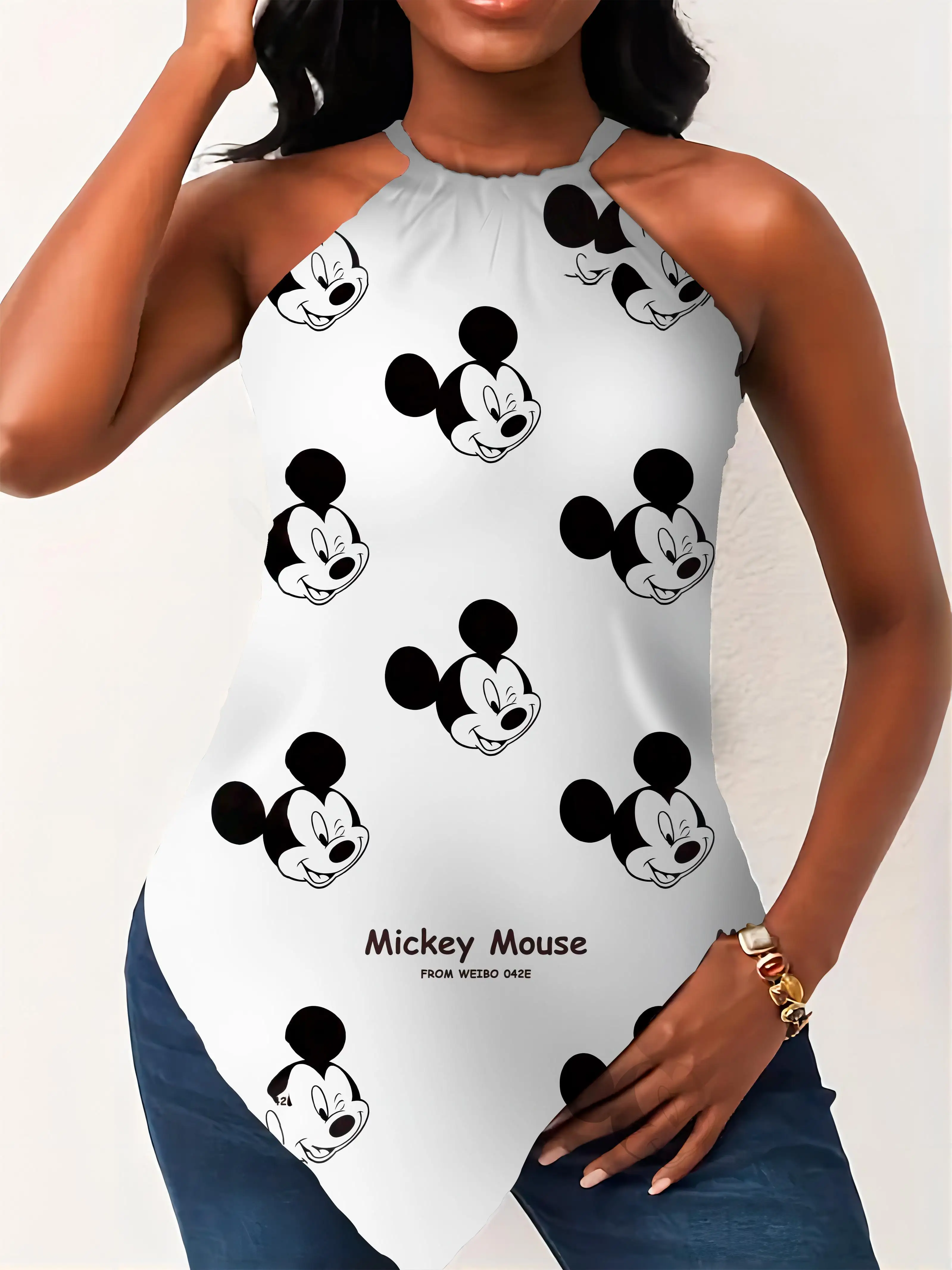 Y2k Crew Neck Sleeveless T-shirt Halter Summer Short Sleeve Women's Sumer Clothes Hanky Hem Top Disney Mickey Minnie Mouse Top