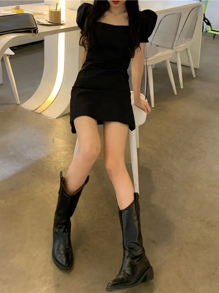 فستان صيفي أنيق بأكمام قصيرة باللون الأسود الصغير للنساء النسخة الكورية فستان نسائي بياقة مربعة حلوة وتنورة قصيرة على شكل حرف a #4