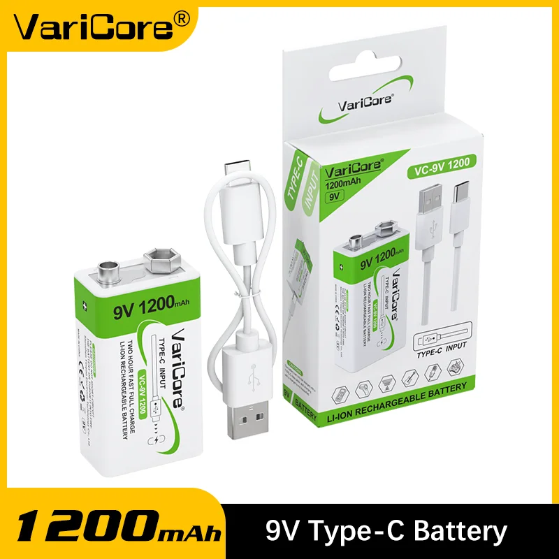 

VariCore VC-9V 1200mAh Long Lasting Rechargeable Lithium Battery, USB-C Type-C Fast Charging, 9V Battery for Smoke Detector