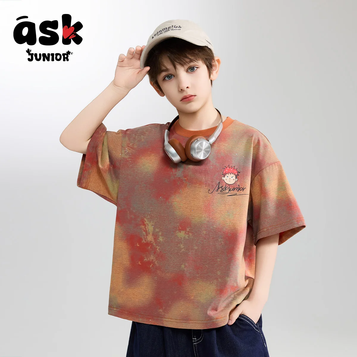 الأطفال الصيف قصيرة الأكمام الفتيان والأطفال الأكبر سنا المتناقضة اللون التعادل صبغ الكرتون المطبوعة قصيرة الأكمام تي شيرت #3