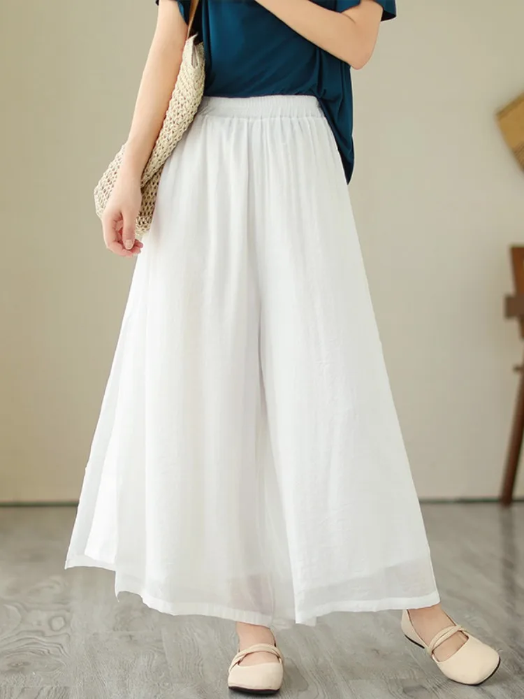 Ladies Thin Double Layer Wide Leg Pants Summer Dra Slimming Fairy Aosphere Long Pants  Linen Split Casual Skirt