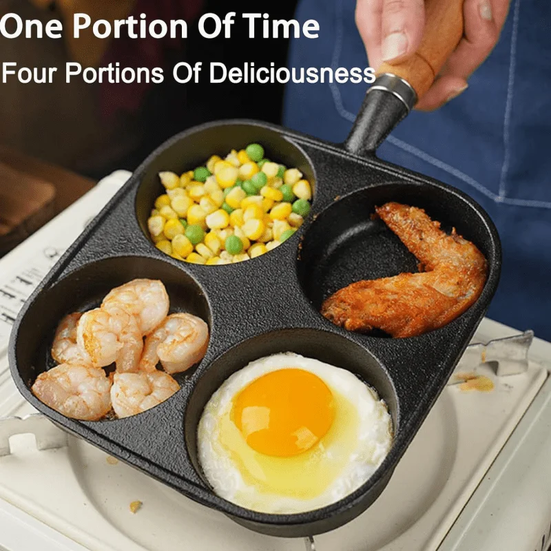 مقلاة ذات 4 فتحات مقلاة بيض منزلية غير لاصقة مسطحة القاع موقد عالمي من الحديد الزهر الإفطار برغر البيض ستيك طباخ #3