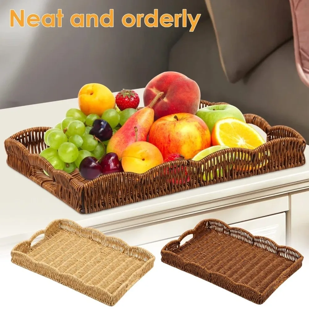 Imitation Rattan Woven Storage Tray Large Capacity Rustic Style Snacks Fruit Basket Save Space Rectangular Desktop Organizer