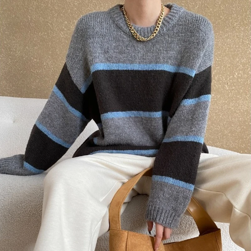 

Pullovers Women Sweaters Round Neck Full Sleeve Jumpers Y2k Streetwear Elegant Splice Knit Striped Casual Autumn Winter 2025