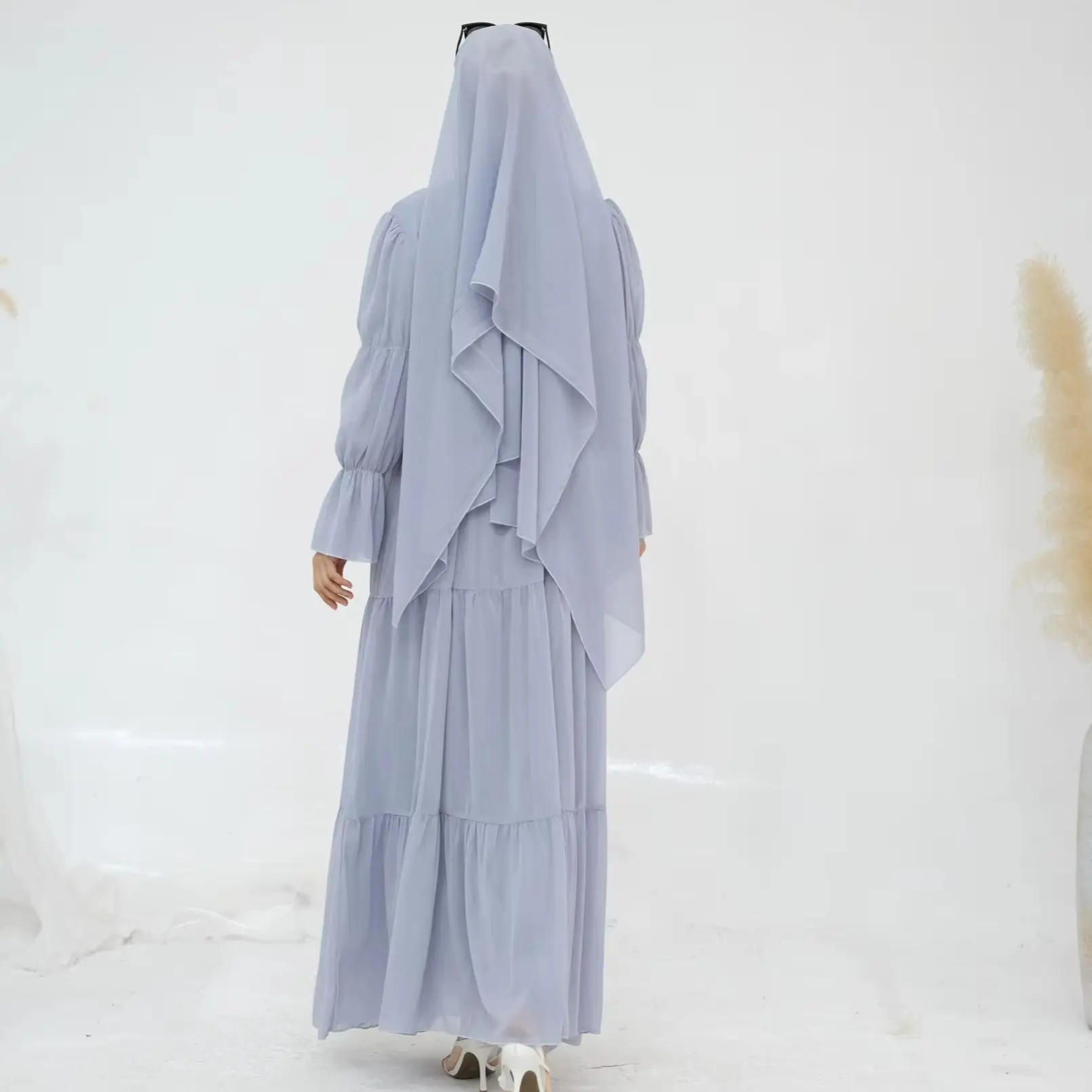 Sweet Hijabi Suit Chiffon Abaya Dress Set-Long Sleeves Lined Dress, Sheer Tiered Open Abaya, Ramadan Eid Party Muslim Women Sets