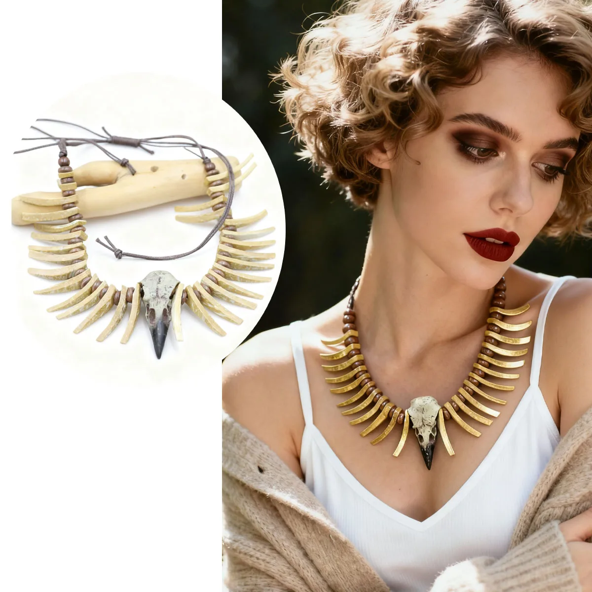 vintage crow skull coconut shell necklace with animal-shaped irregular long teeth, Gothic style (random color for the bird skull
