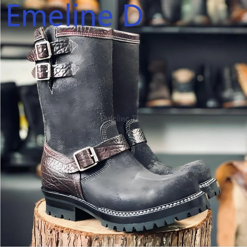 

Mid Length Knight Boots Fashionable Vintage Design Belt Buckle Decoration Leather Splicing Men's Retro Motorcycle Boots