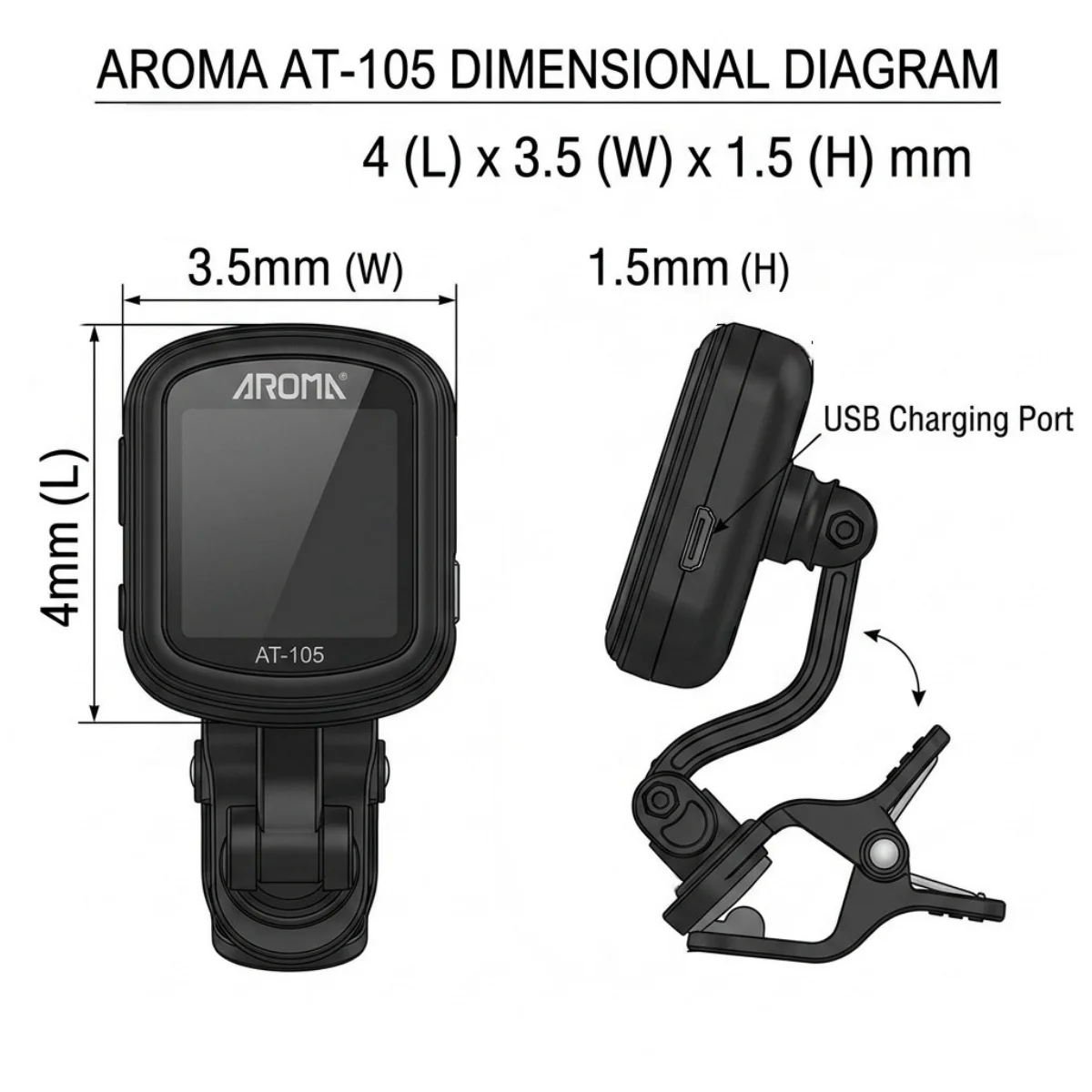 Aroma AT-105 Clip On Guitar Tuner, Rechargeable Fast Accurate Tuning 360° Rotating for Chromatic Guitar Bass Ukulele Violin