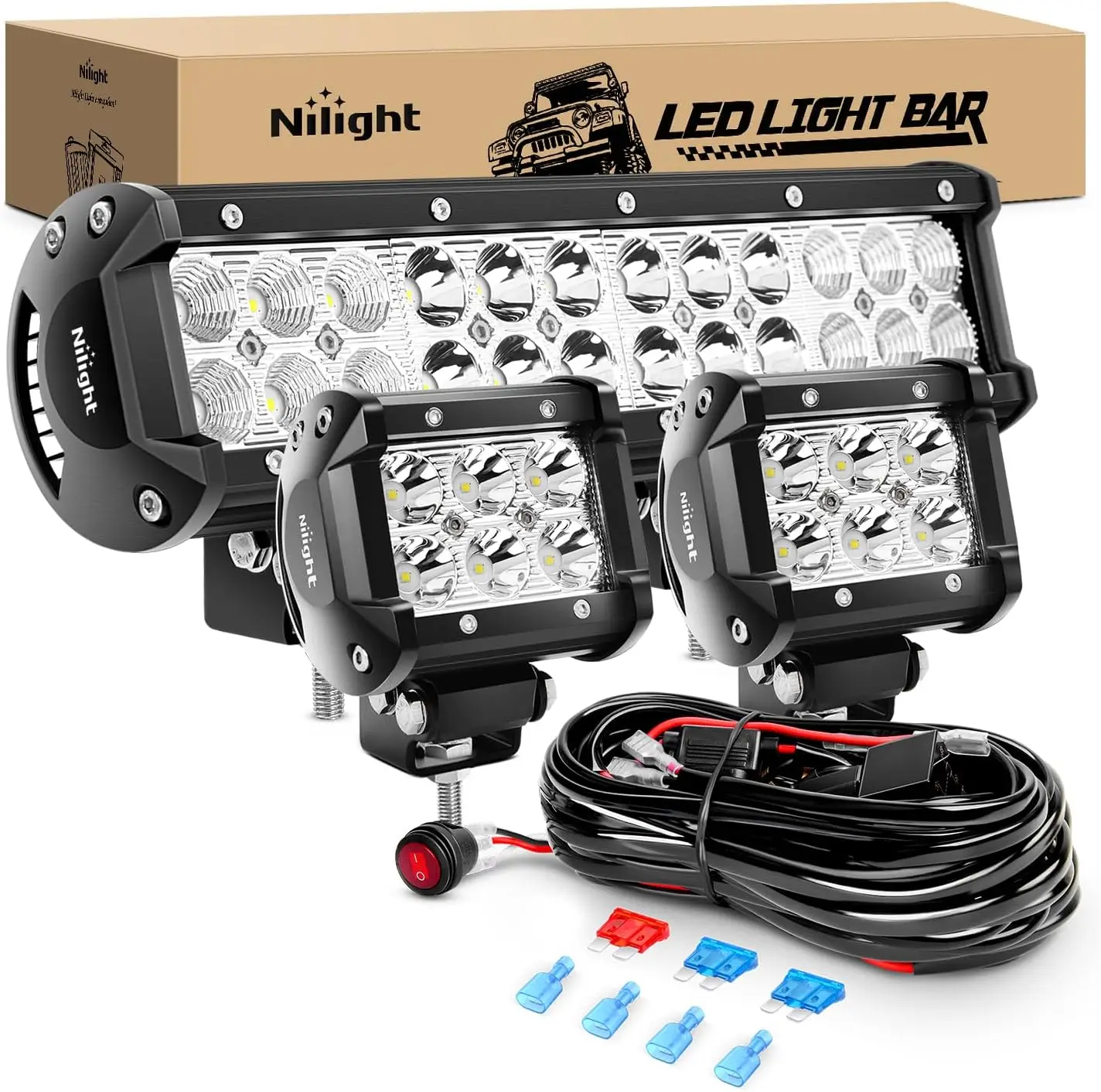 

12-Inch 72W Spot Flood LED Light Bar with 2PCS 4-Inch 18W Pods & Wiring Harness for Off-Road Vehicles