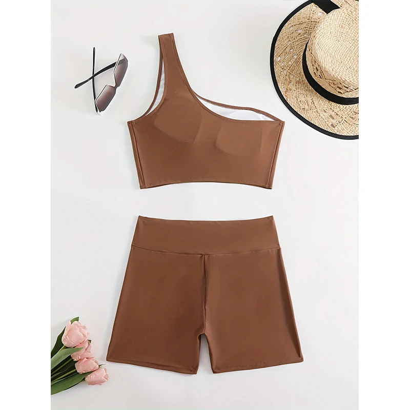 FASKOB Solid Color One Shoulder Sports Style Bikini Swimsuit Women Two Piece Swimsuit 2025 Bikini Set Summer Beach Swimsuit