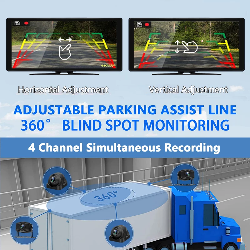 10.36 بوصة تعمل باللمس صندوق أسود للشاحنة/الحافلة/RV/مقطورة طقم مراقبة 4 قنوات كاميرا مراقبة AHD 1080P للرؤية الليلية أنظمة DVR للمركبات مسجل وقوف السيارات