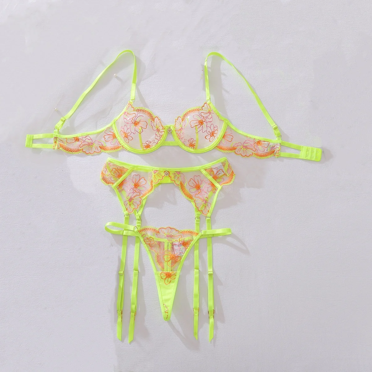 

2026 Contrast Color Flower Embroidered Lingerie Set with Steel Rim Women's Gather Body Shaping Sexy Underwear Split Three Piece