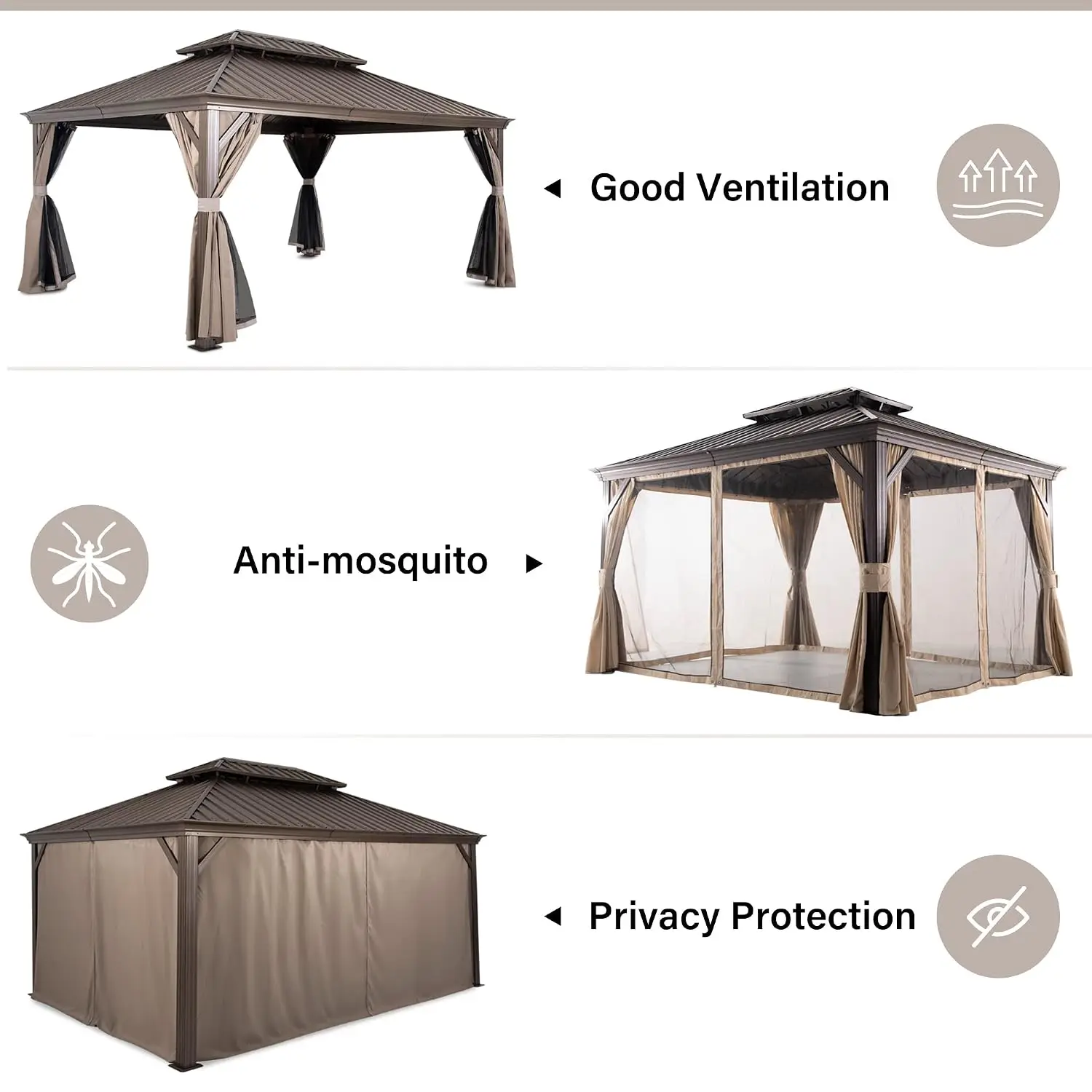 10'x12' Hardtop Gazebo Double Galvanized Steel Roof, Permanent Aluminum Frame Outdoor Pavilion with Netting & Curtain, Custom view 3