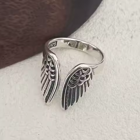 Sam Panda 925 Sterling Silver Rings For Women Men Fine Jewelry Finger Adjustable Open Wing Shape Ring For Party Birthday Gift