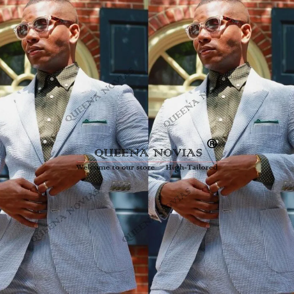 

Sky Blue Seersucker Men Suits Peak Lapel Party Dresses Wedding Summer Beach Man Tuxedos Customized Groom Evening Party Clothing