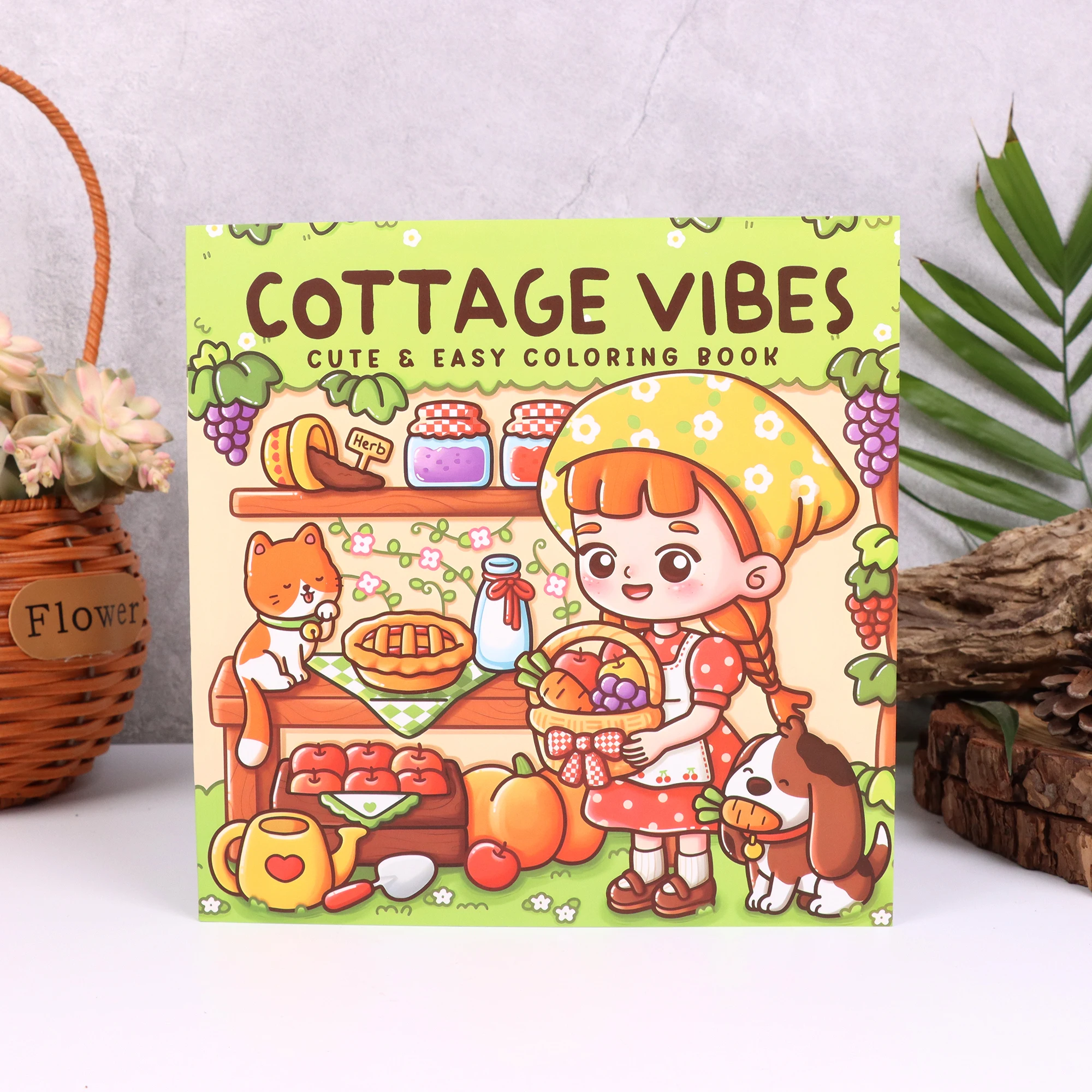 Cottage Vibes Cute & Easy Coloring Book, 21x21cm Cozy Cottagecore Coloring Pages with Girl Cats Dogs Pumpkins & Apples, Relaxing