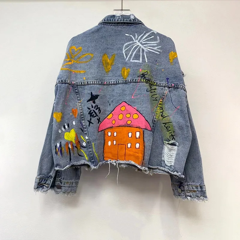 Veste en jean avec Patch de dessin animé pour femme, haut court et ample, vêtement décontracté à simple boutonnage, nouvelle collection printemps et automne 2025