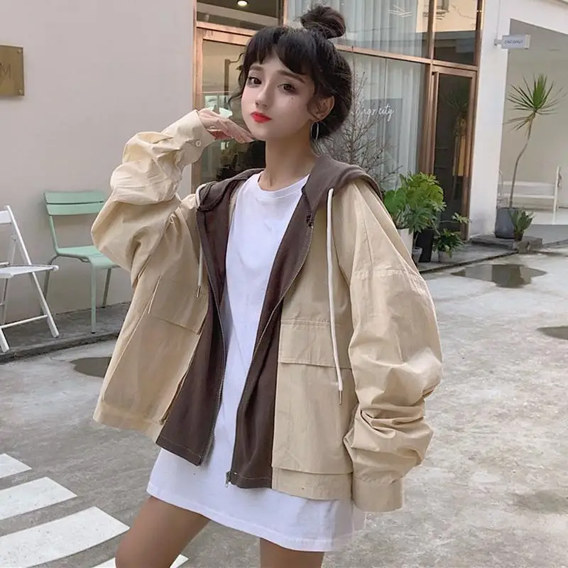 

Jackets Women Spring Autumn Casual All-match Students Patchwork Korean Style Chic Zipper Harajuku Females Streetwear Overcoat