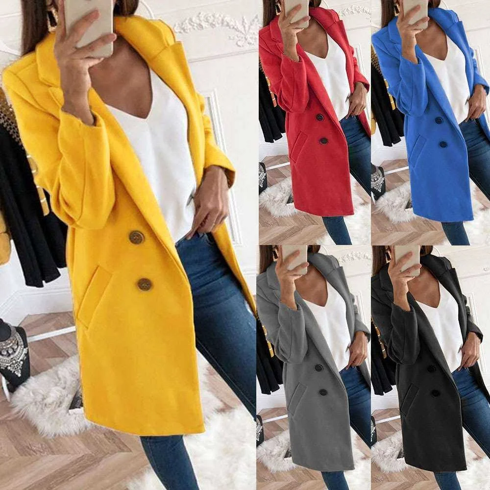 

Women's New Color Lapel Midlength Button Woolen Coat Spring Commute Long Sve Pure Color Linen 00% Woolen Jaet