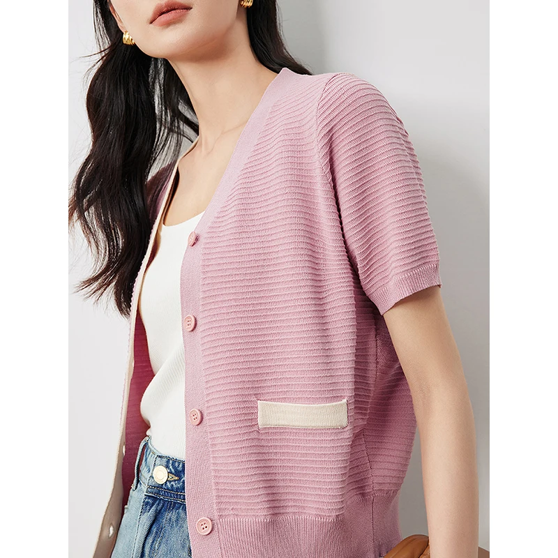 TOYOUTH Women Contrast V-Neck Knit Sweater 2024 Summer New Light And Thin Small Fragrant Style Shirt