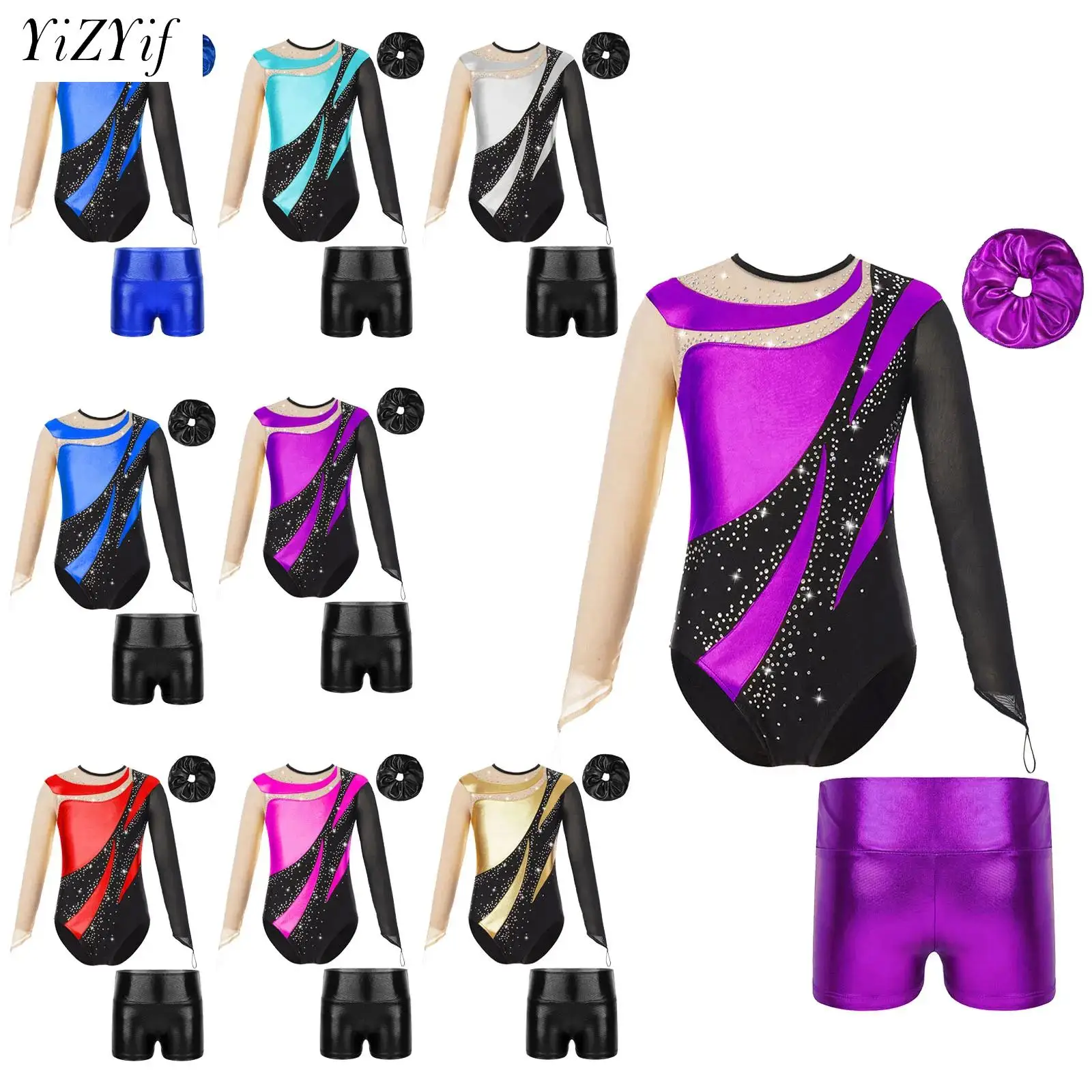 Big Gilrs Gymnastic Leotard Dance Costume for Performance Competition Acrobatics Dancewear Suit Long Sleeve Bodysuit and Shorts