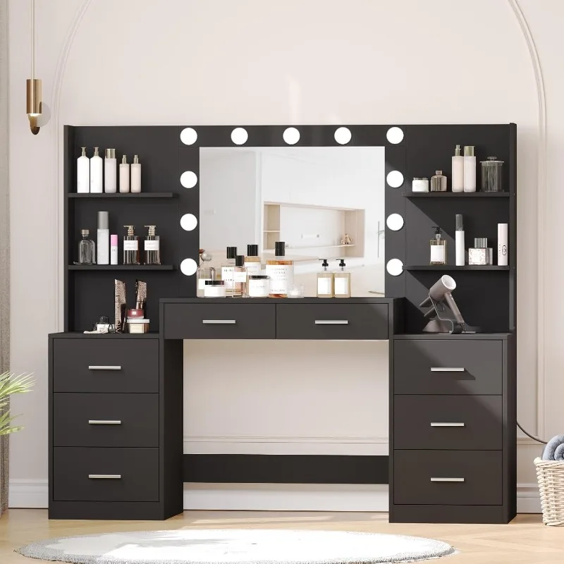 Irontar Makeup Vanity Table with Mirror & Lights, Vanity Desk with Power Strip, Large Drawer & Six Open Storage Dresser