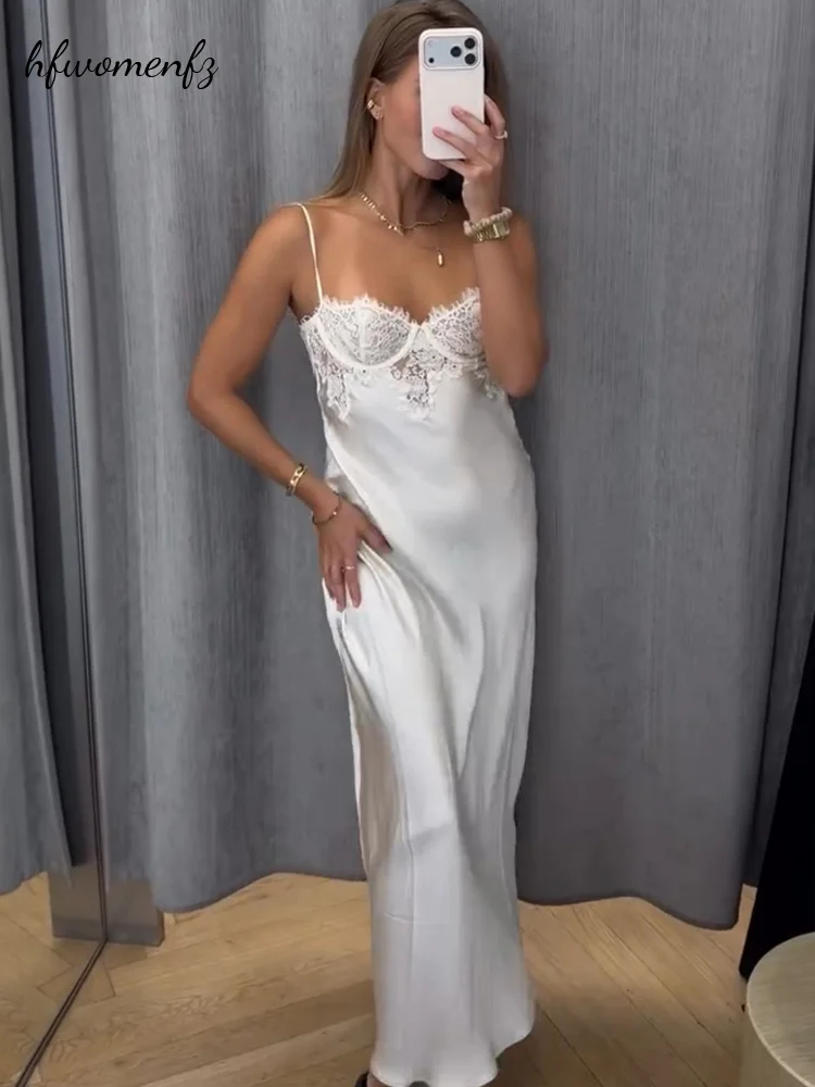 Elegantes Spitzen-Patchwork-Spaghetti-Trägerkleid für Damen, Rückenfrei, Ärmellos, Satin, Einfarbig, Maxi-Kleider 2026 Sommer Damenkleider Neu