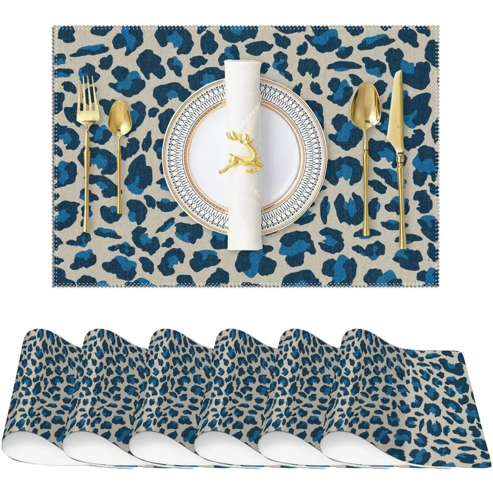 

Placemats Set Of 6 Blue And Light Brown Leopard Place Mats Resistant Table Placemats Cheetah Antelope Animal Chinoiserie Dining