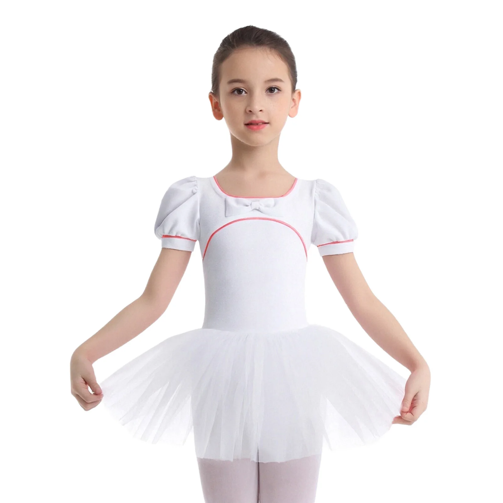 

Girls Purity White Swan Ballet Dance Costumes Elegant Bow Short Puff Sleeves Velvet Tulle Dress for Ballet Performance Leotards