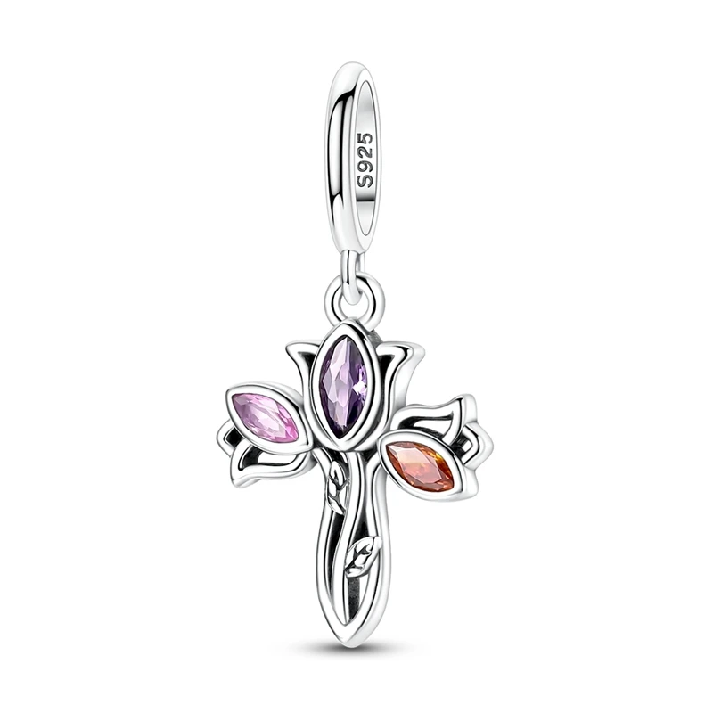

925 Sterling Silver Tulip Cross Embrace Charms Pendant For Women Fit Original Bracelet DIY Birthday Party Jewelry Gifts
