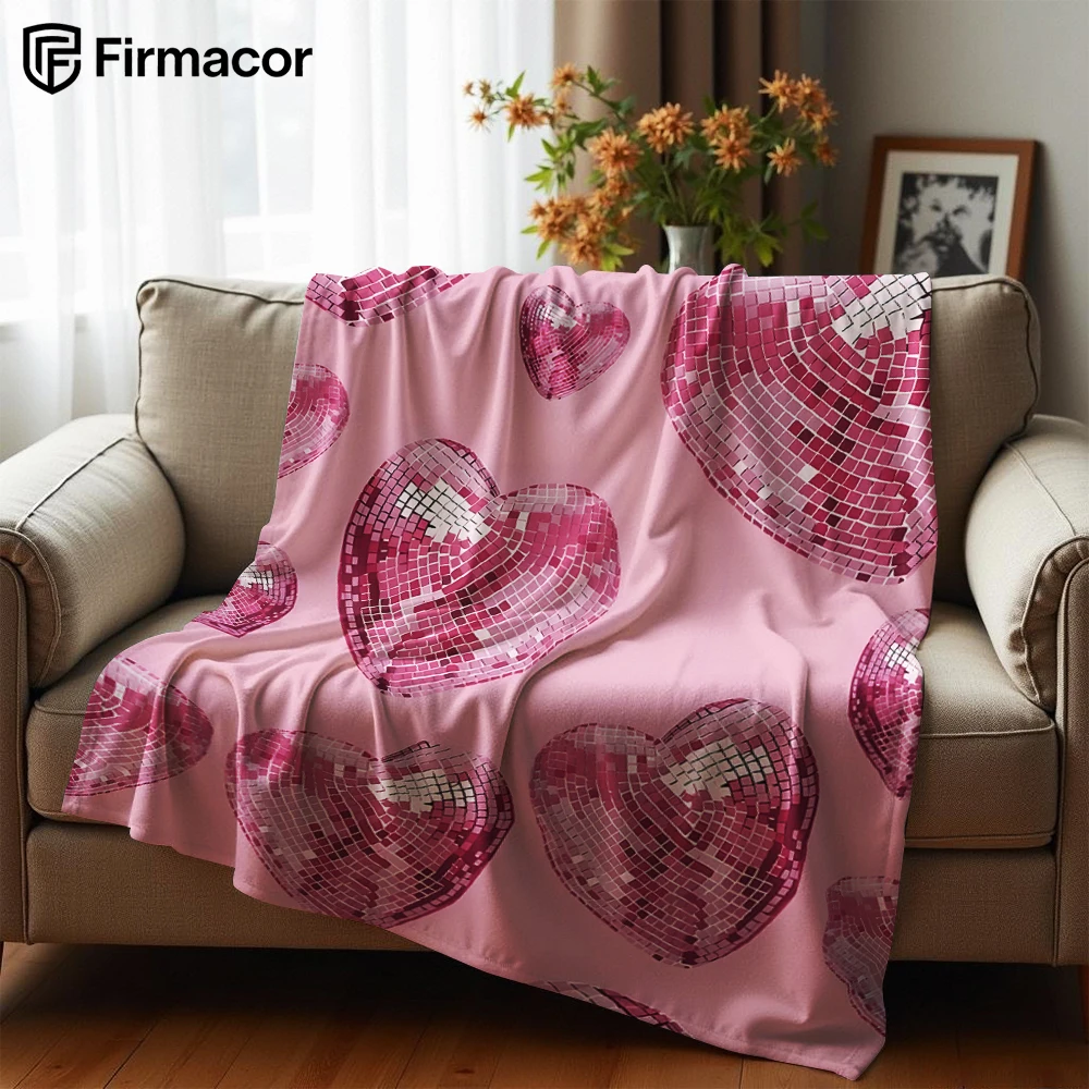 Pink Heart Disco Ball Soft Flannel Blanket Breathable Warm Throw for Office Car Sofa Kids Room Birthday Xmas Gift