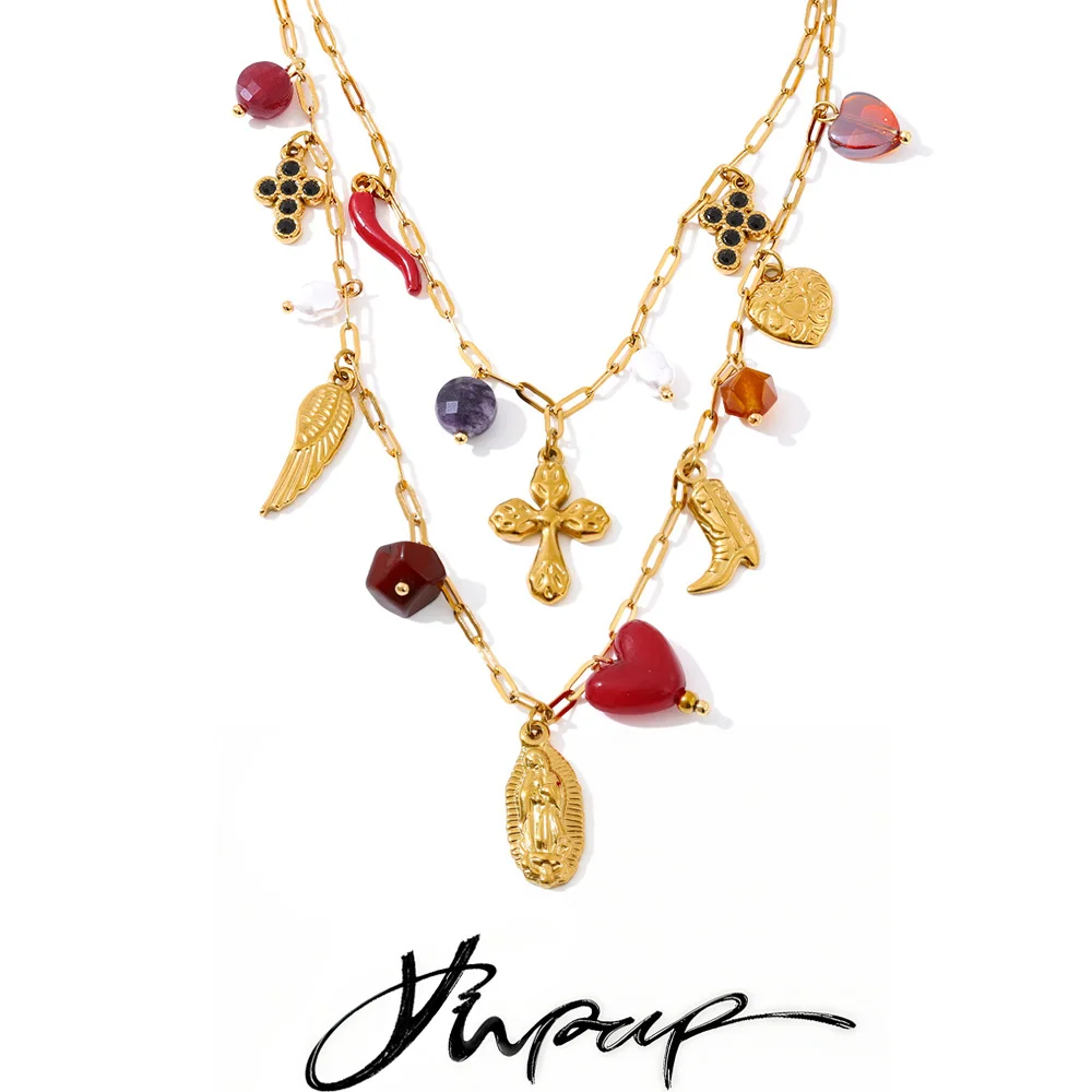 Yhpup Double-Layer Chain Heart Cross Religious Drop Stacking Charm Pendant Necklace 18K Golden Stainless Steel Statement Jewelry