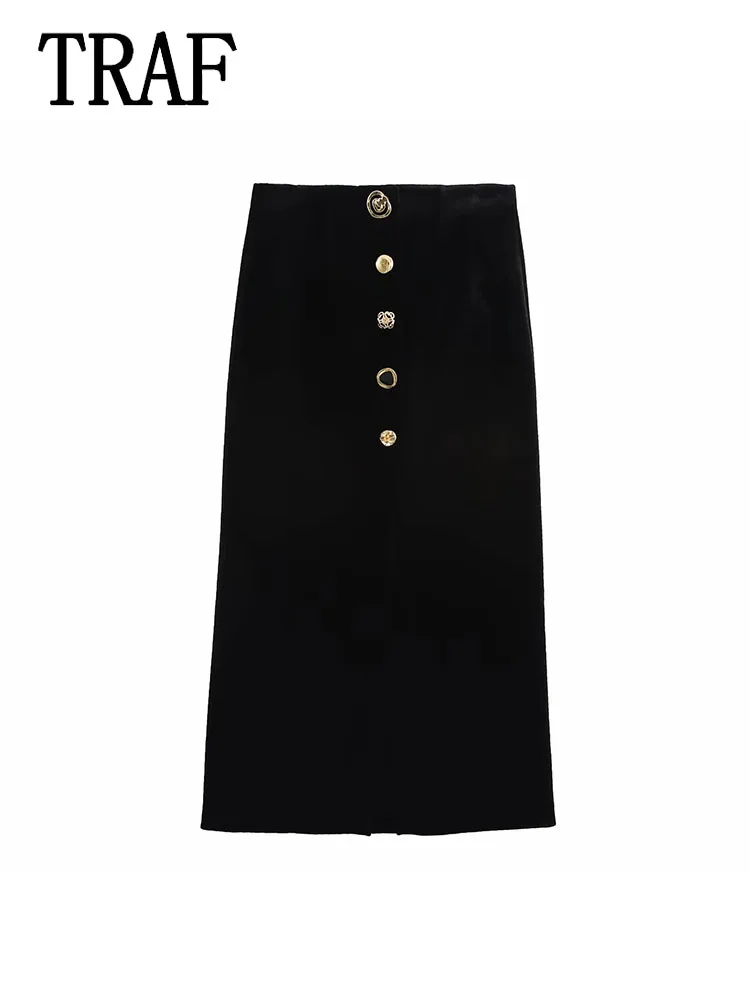 TRAF Velvet Skirt For Women High Waist Midi Skirt Woman 2024 Autumn Long Skirts Elegant Party Women's Skirts ﻿