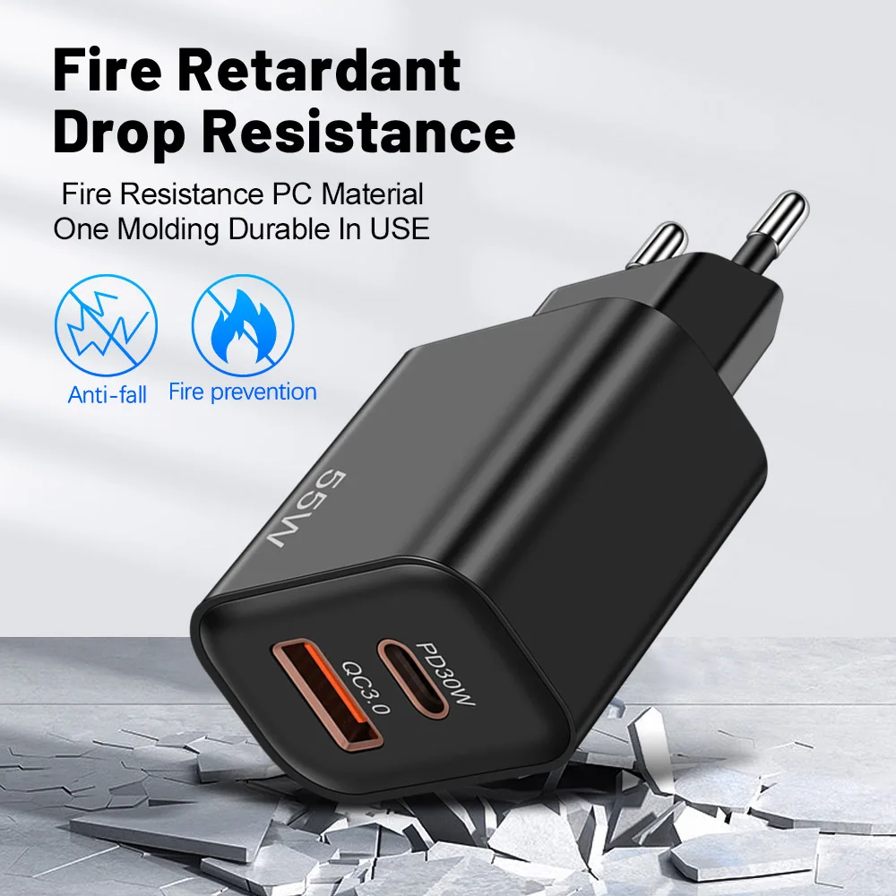 شاحن USB 55 وات من النوع C شحن سريع لهاتف iPhone Samsung Xiaomi Huawei USB C شاحن الهاتف المحمول PD محول شاحن سريع