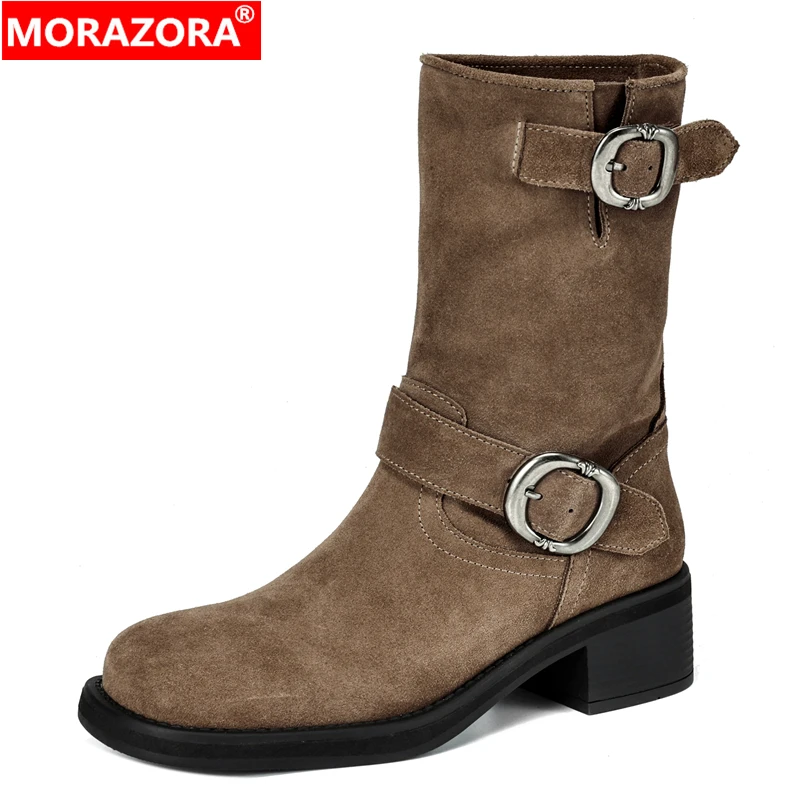 

MORAZORA Plus Size 34-41 Cow Suede Ankle Boots Square Toe Buckle Motorcycle Booties Chunky Heels Retro Winter Short Botas