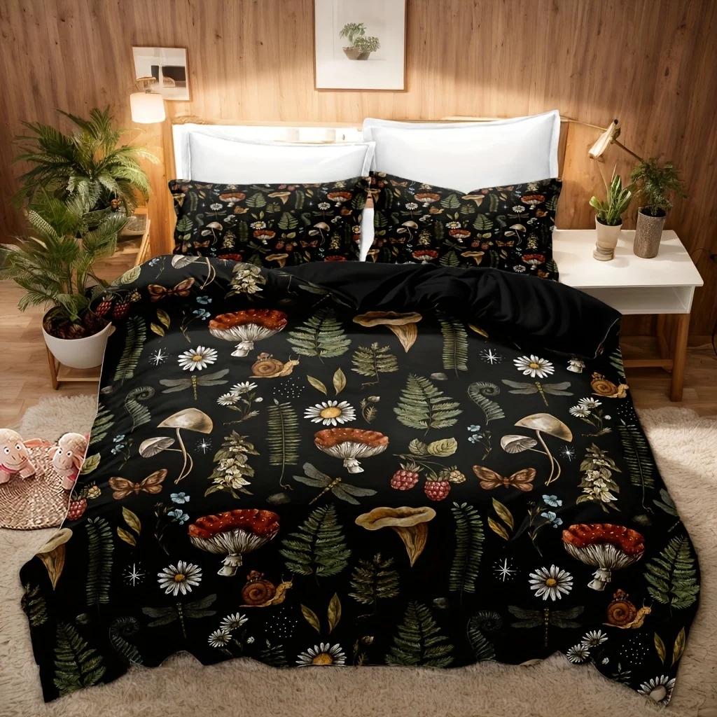 Cotton Forest Mushroom Pattern Printed Bedding And Duvet Cover Set For Bedrooms Guest Rooms Soft Comfortable Quilt Cover