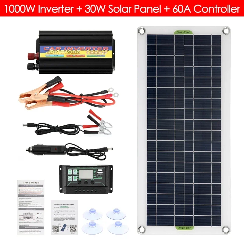 

Solar Power Generation Kit 220V 1000W Power Inverter + 30W Solar Cell Charging Board + 60A Charge Controller Dual USB Output