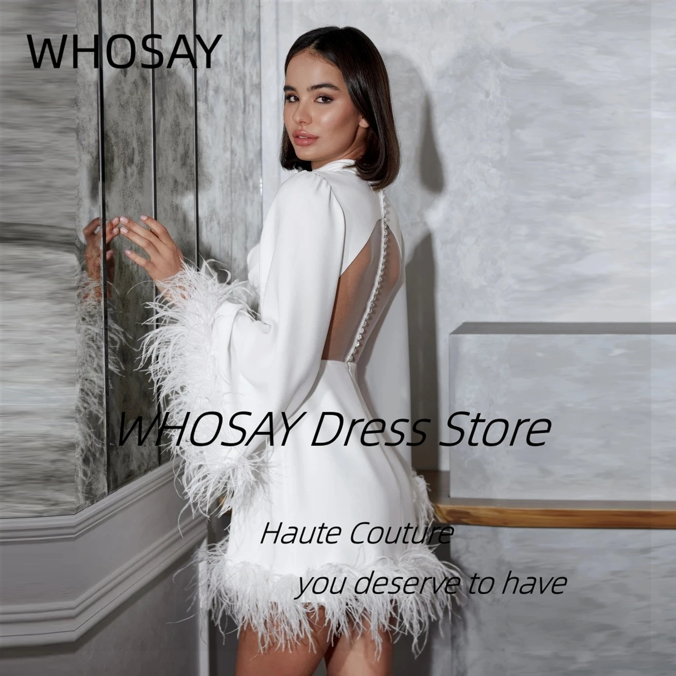 WHOSAY Luxury Feathers Short Prom Dresses High Collar Long Sleeves Cocktail Dress Buttons Sexy Back Evening Party Bridal Gowns