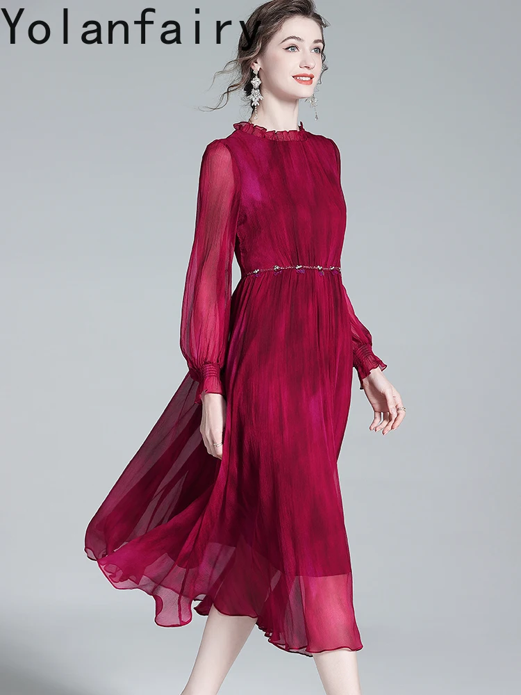 YOLANFAIRY New Autumn 100% Real Mulberry Silk Dresses Woman High-end Elegant Women Dress Cinched Waist Long Sleeve Dress Robe